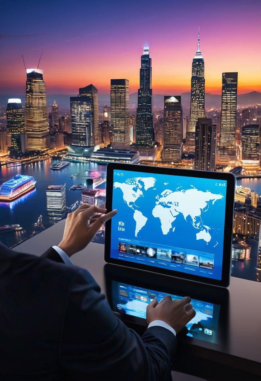 A modern digital landscape featuring a person browsing an interactive blog on a tablet, surrounded by floating holographic icons representing current affairs and global news. The background showcases a vibrant city skyline at dusk, with screens displaying various information streams. Bright and engaging colors to emphasize the dynamic nature of digital content. super-realistic. vibrant colors.