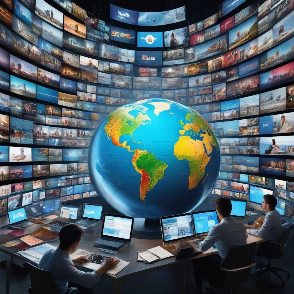 A digital collage of diverse online news platforms, showcasing a variety of screens displaying headlines, articles, and videos. Include elements like social media icons, journalists working remotely, and a globe highlighting global connectivity in news. Use vibrant colors to symbolize the dynamic nature of online media. super-realistic. vibrant colors. 3D.