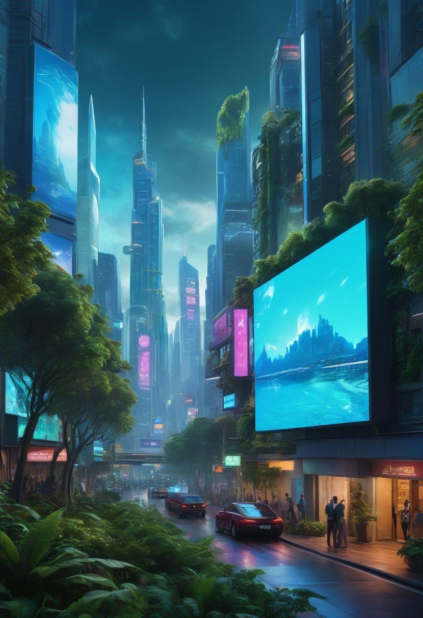 A futuristic cityscape showcasing diverse media platforms like holographic news boards and digital billboards, with journalists conversing with AI avatars, surrounded by a blend of traditional and modern communication tools. The skyline features advanced technology and greenery, reflecting a harmonious balance between innovation and nature. Vivid colors, incorporating blue and green themes, evoke a sense of optimism and progress. super-realistic. vibrant colors. cyberpunk.